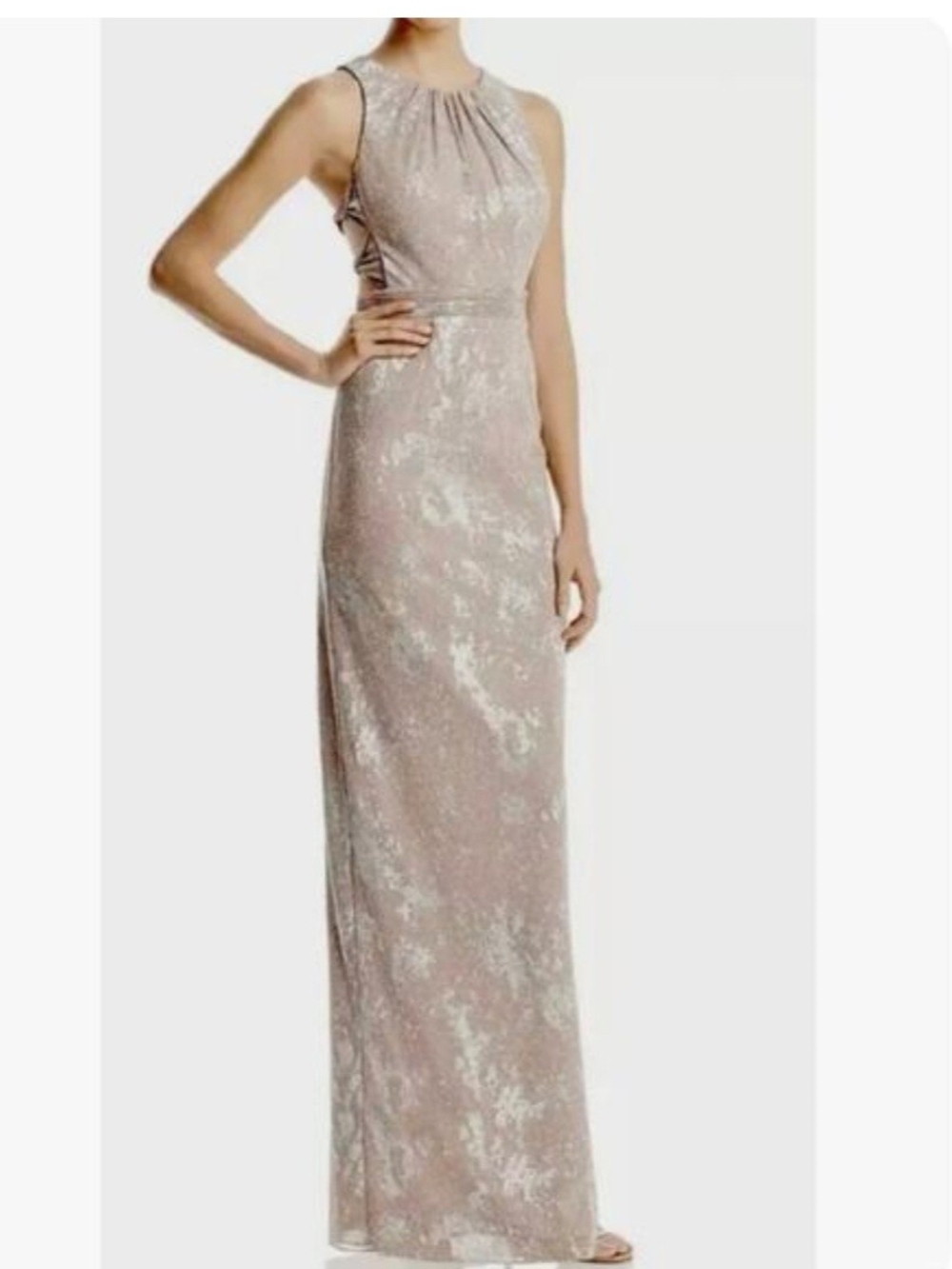 Adrianna Papell Metallic Blush Pink Maxi Gown